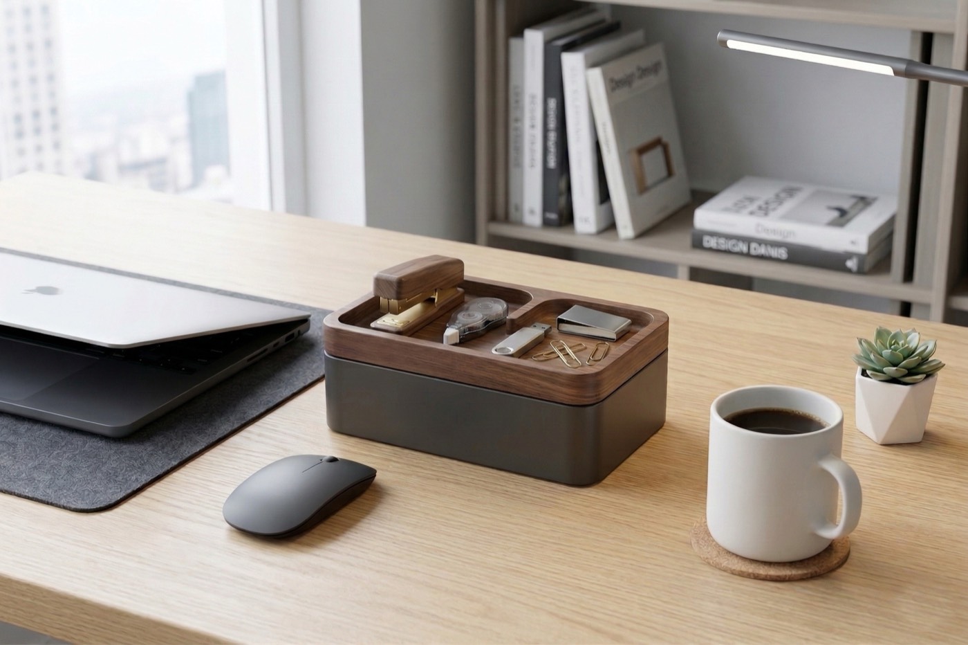 Revov Tray Box holding a stapler, tape, USB drive and paperclips on an office desk