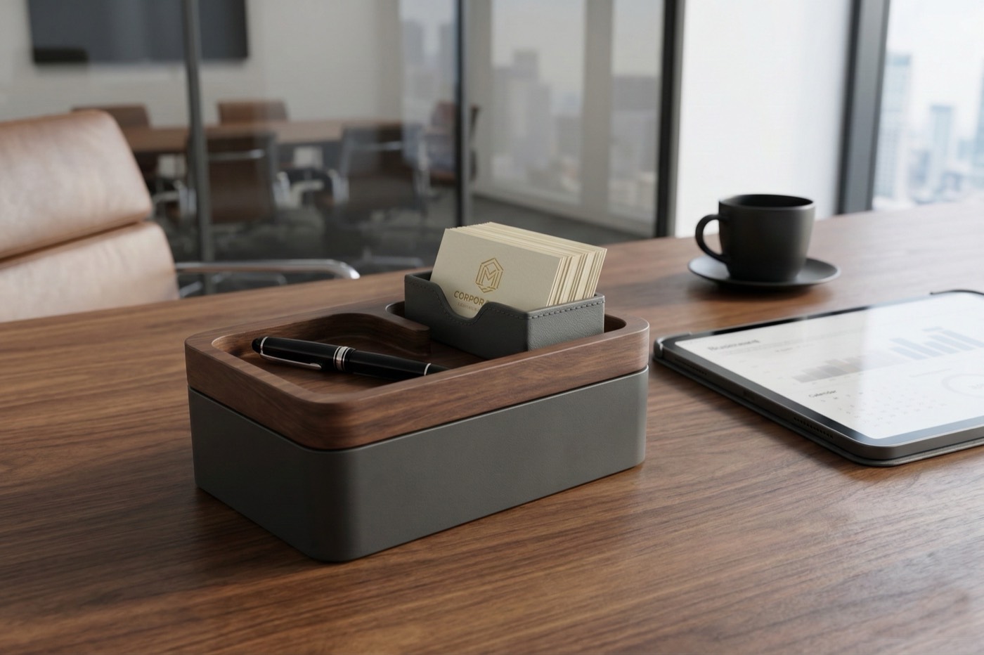 Revov Tray Box on a conference room desk holding a pen and a stack of business cards