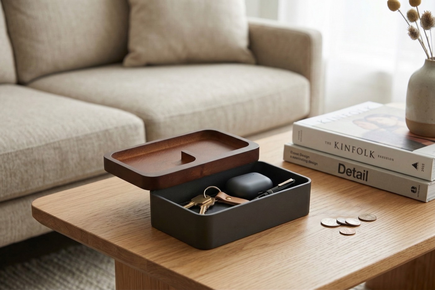 Revov Tray Box open on a coffee table holding keys, AirPods, a pen and coins